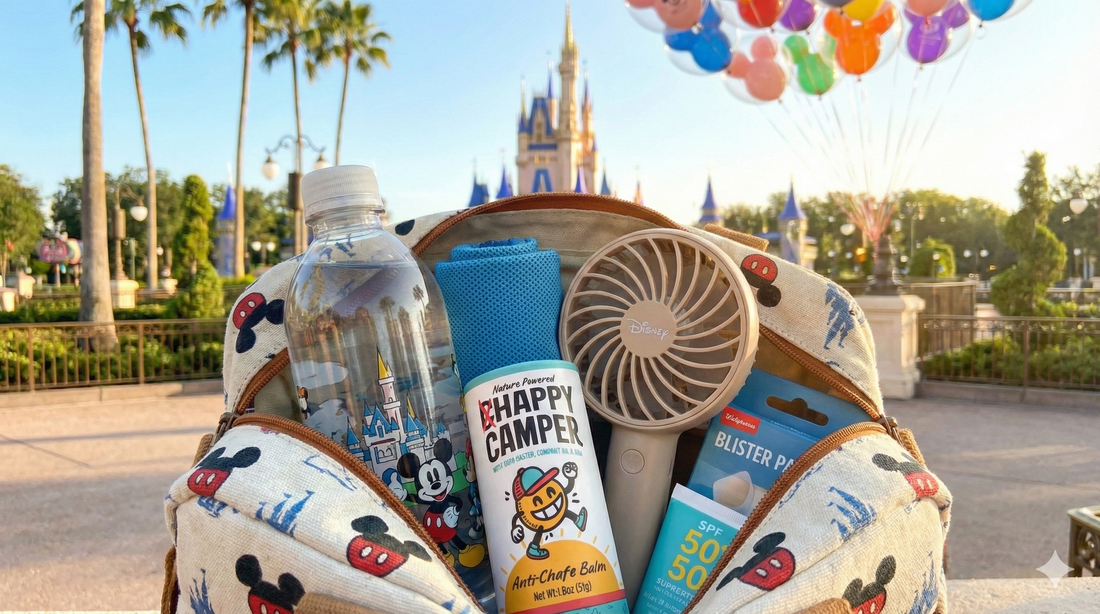 Image of an open Disney-style park bag filled with essentials like anti-chafe balm, water bottle, and cooling items to prevent chafing and blisters.