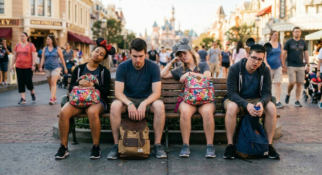 Friends sitting on bench at theme park. They are tired from walking all day. 