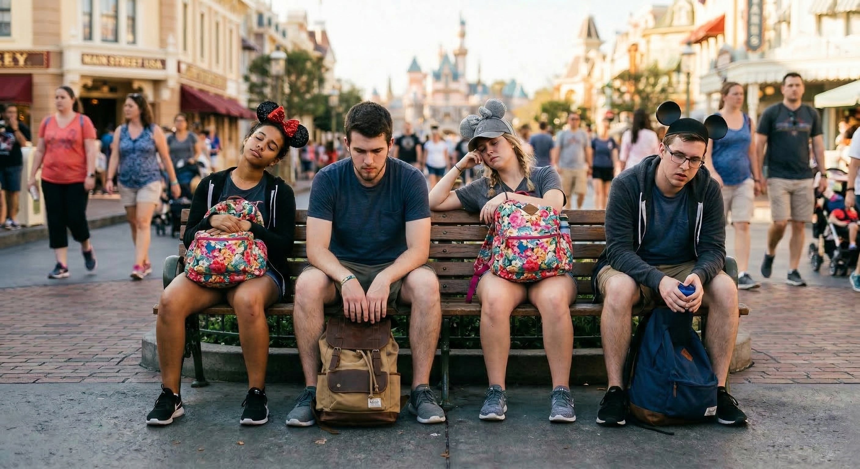 Friends sitting on bench at theme park. They are tired from walking all day. 
