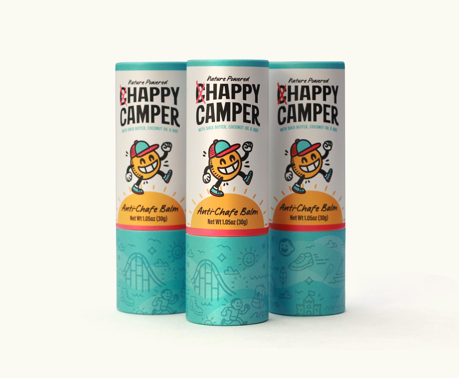 Three-pack of Chappy Camper anti-chafe balm sticks designed for frequent use or families. 