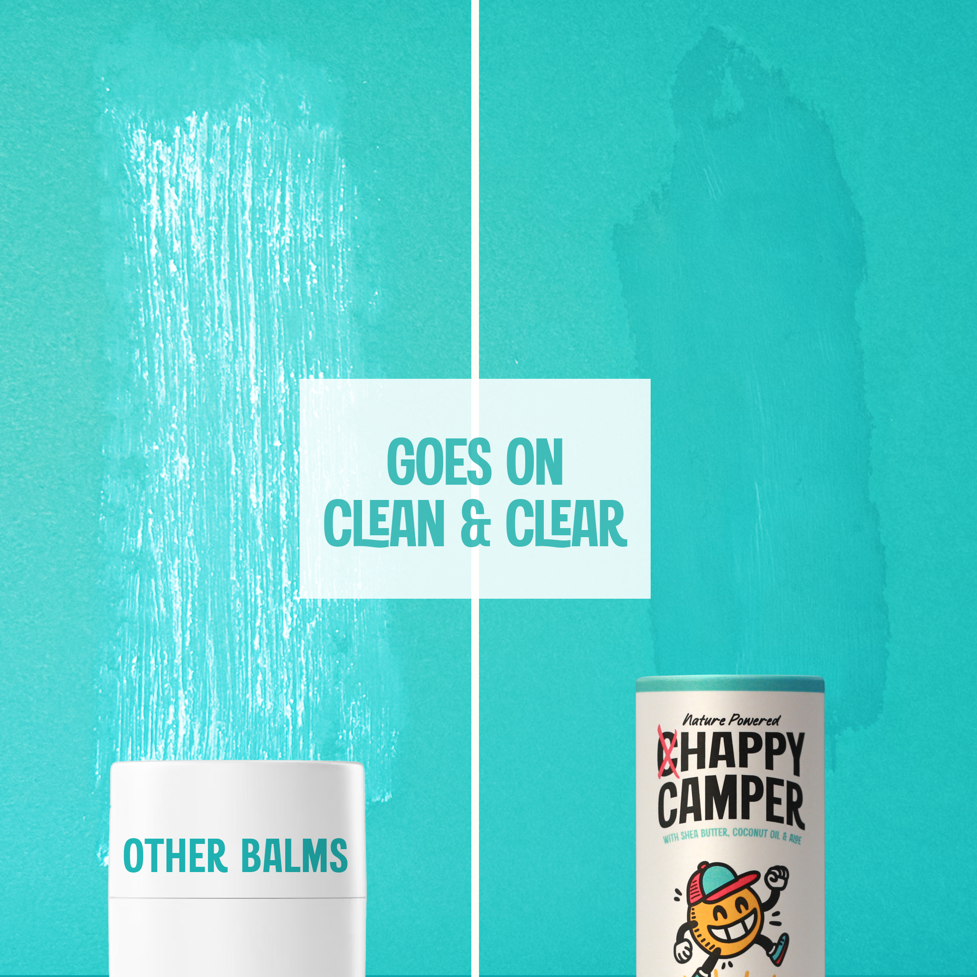 Product comparison between 'Other Balms' and 'Happy Camper' on a teal background.