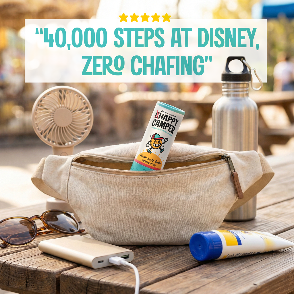Chappy Camper anti-chafe balm packed in a park bag for long theme park walking days.