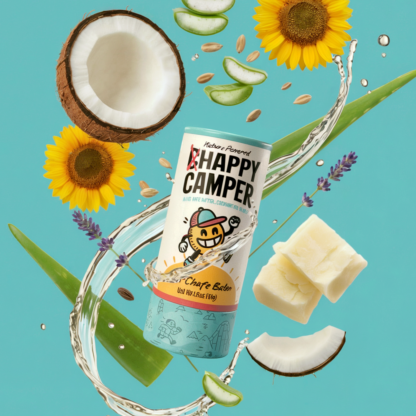 Happy Camper product with coconut, sunflower, and aloe vera on a blue background