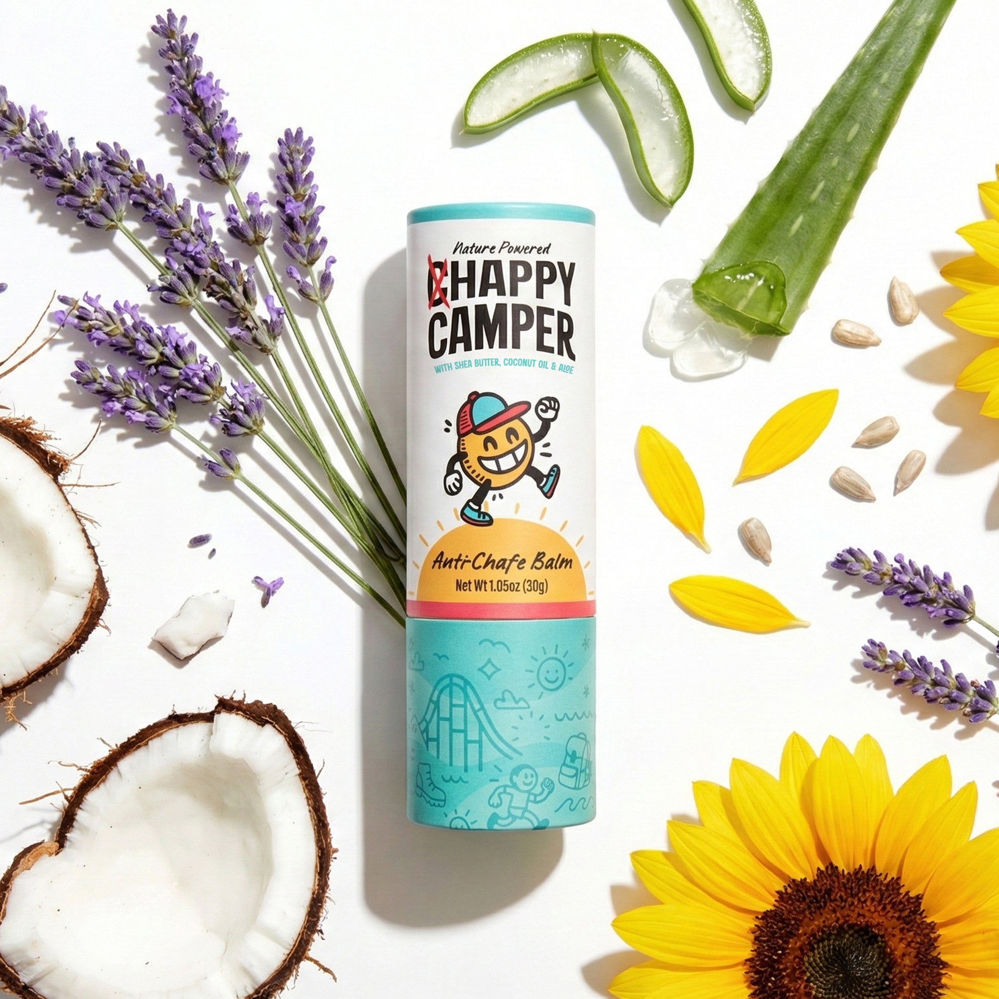 Chappy Camper anti-chafe balm tube surrounded by natural elements like lavender, sunflower, and coconut on a white background.