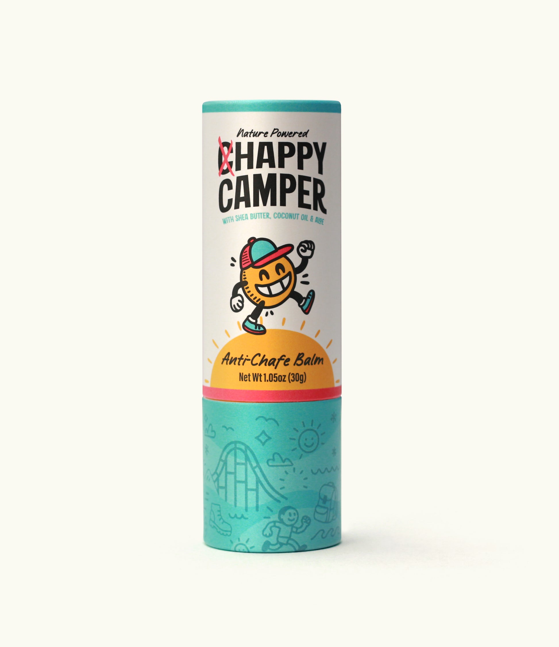 Chappy Camper silicone-free anti-chafe balm stick designed for long walking days, travel, and active use.