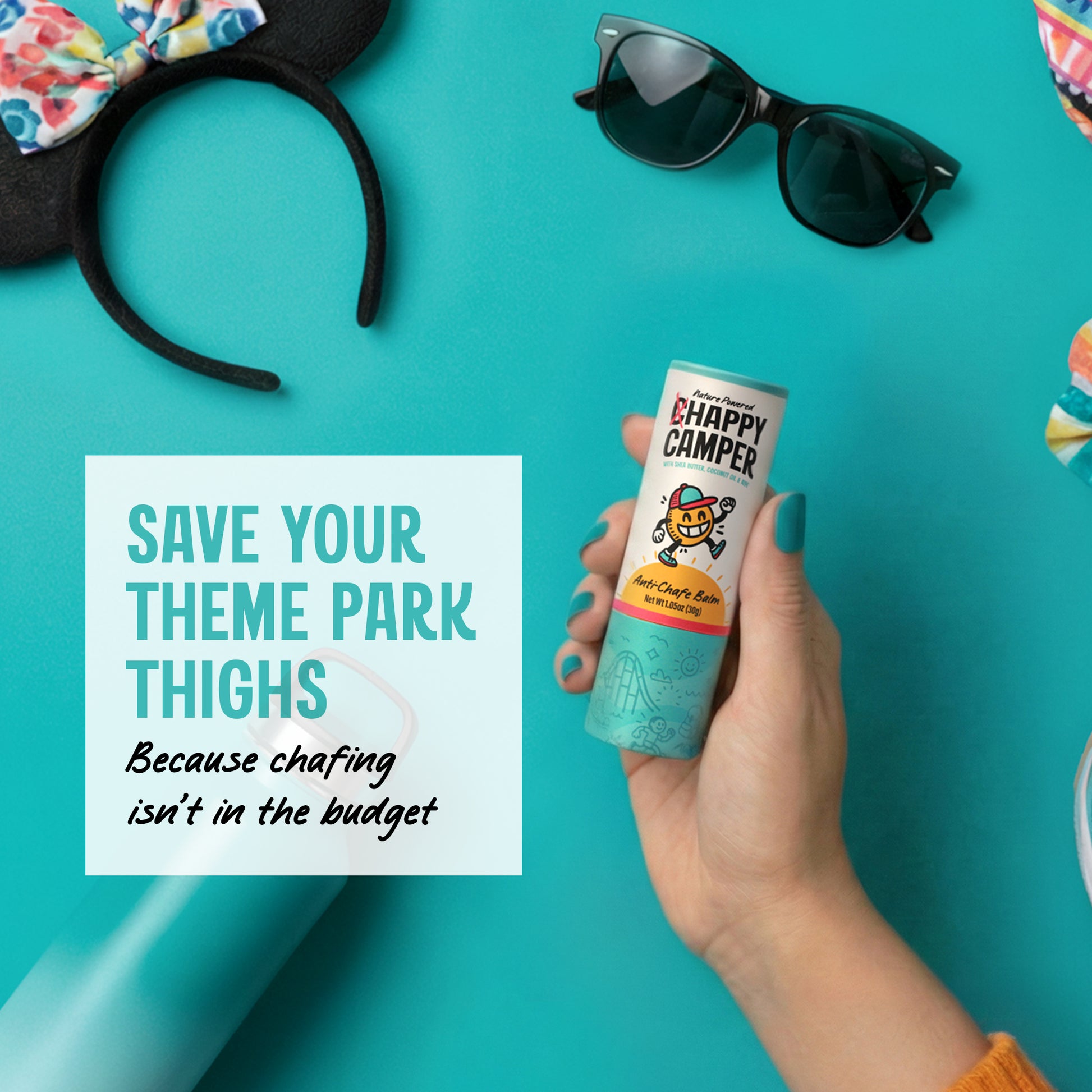 Hand holding Chappy Camper anti-chafe balm stick, showing compact design and easy grip. Disney park essential.