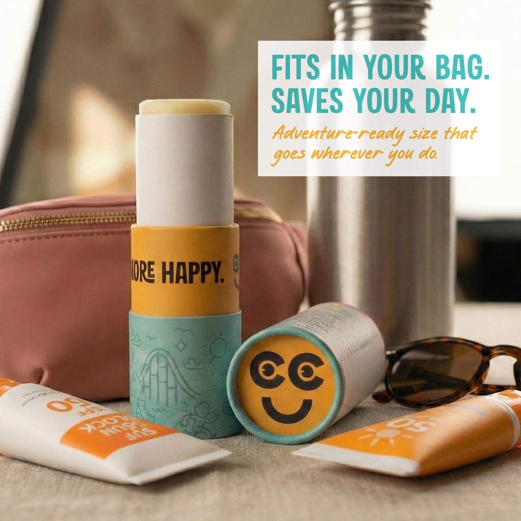Chappy Camper travel-sized anti-chafe balm displayed in a lifestyle setting alongside everyday carry items.