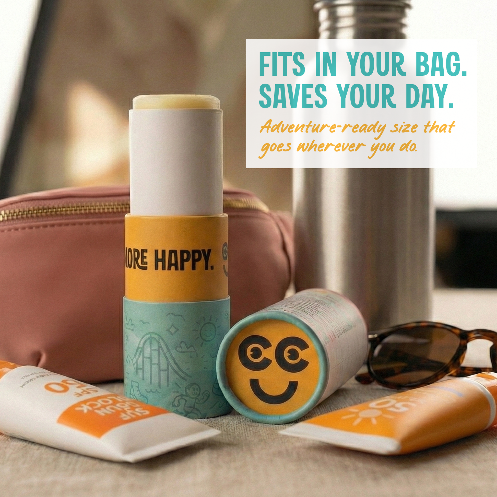 Chappy Camper travel-sized anti-chafe balm displayed in a lifestyle setting alongside everyday carry items.